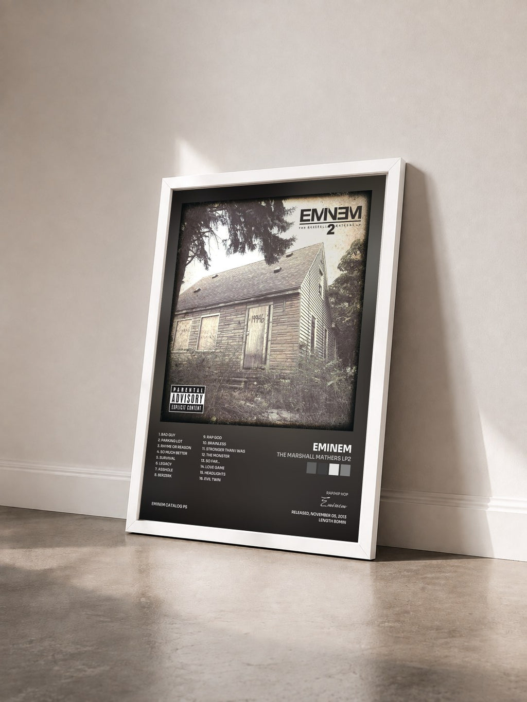 #blanc Tableau de l'album The Marshall Mathers LP2 de Eminem vu de trois quarts, cadre blanc