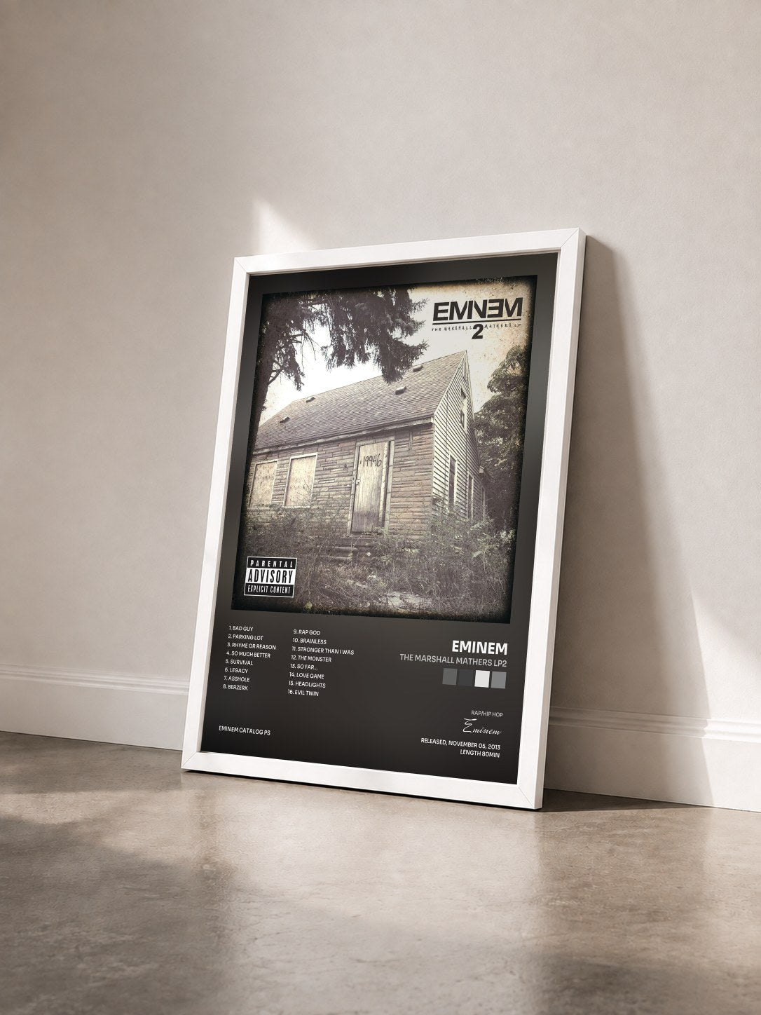 #blanc Tableau de l'album The Marshall Mathers LP2 de Eminem vu de trois quarts, cadre blanc