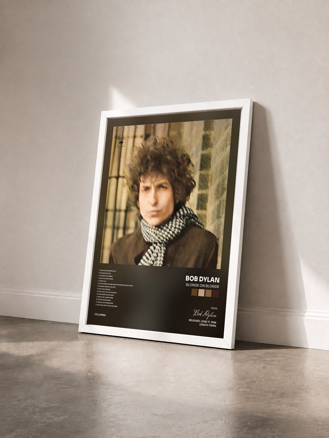 #blanc Tableau de l'album Blonde On Blonde de Bob Dylan vu de trois quarts, cadre blanc