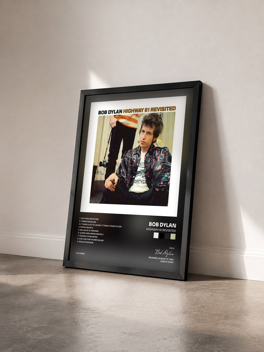 #noir Highway 61 Revisited by Bob Dylan as a framed art print seen at an angle, black frame