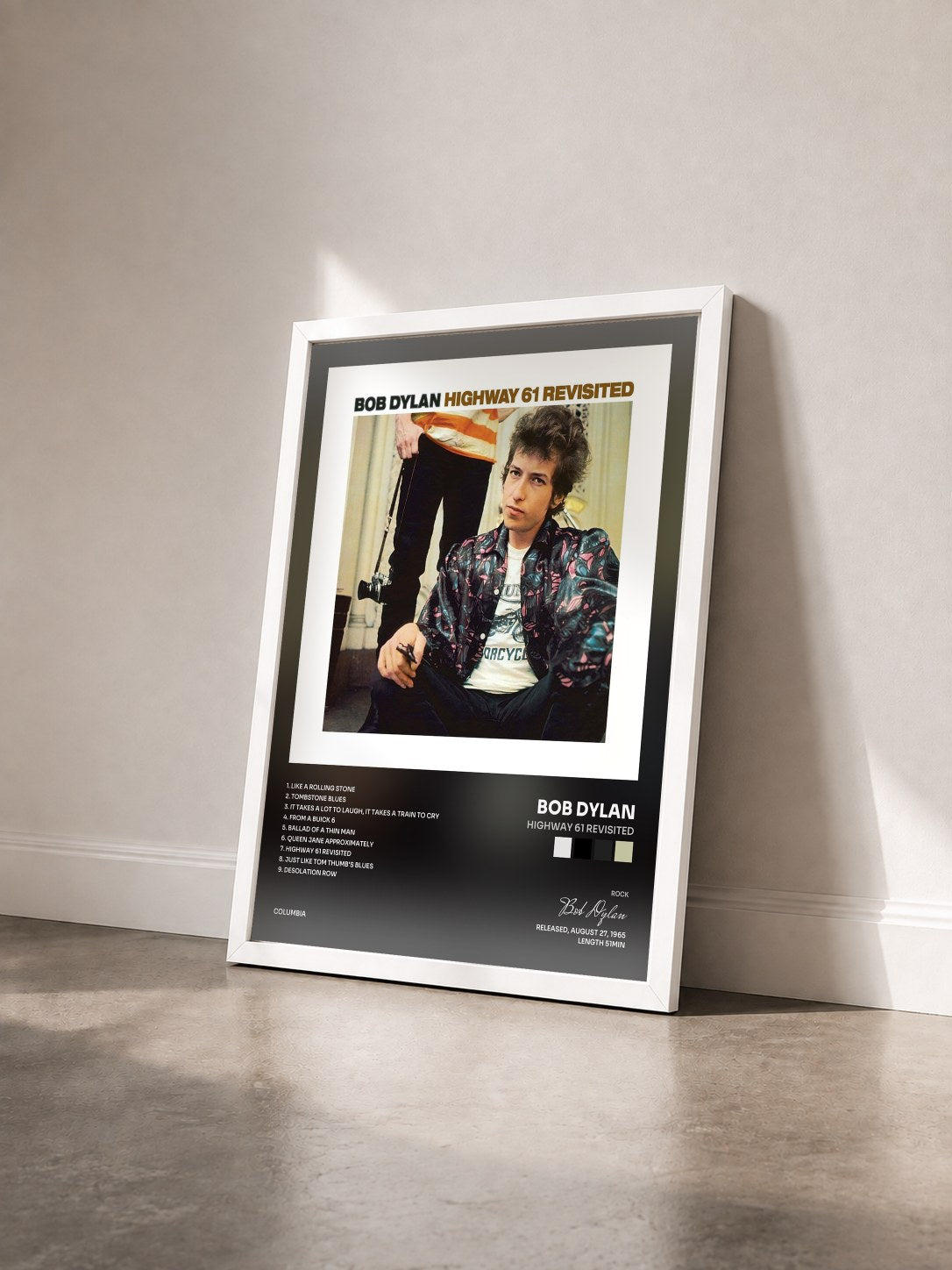 #blanc Highway 61 Revisited by Bob Dylan as a framed art print seen at an angle, white frame