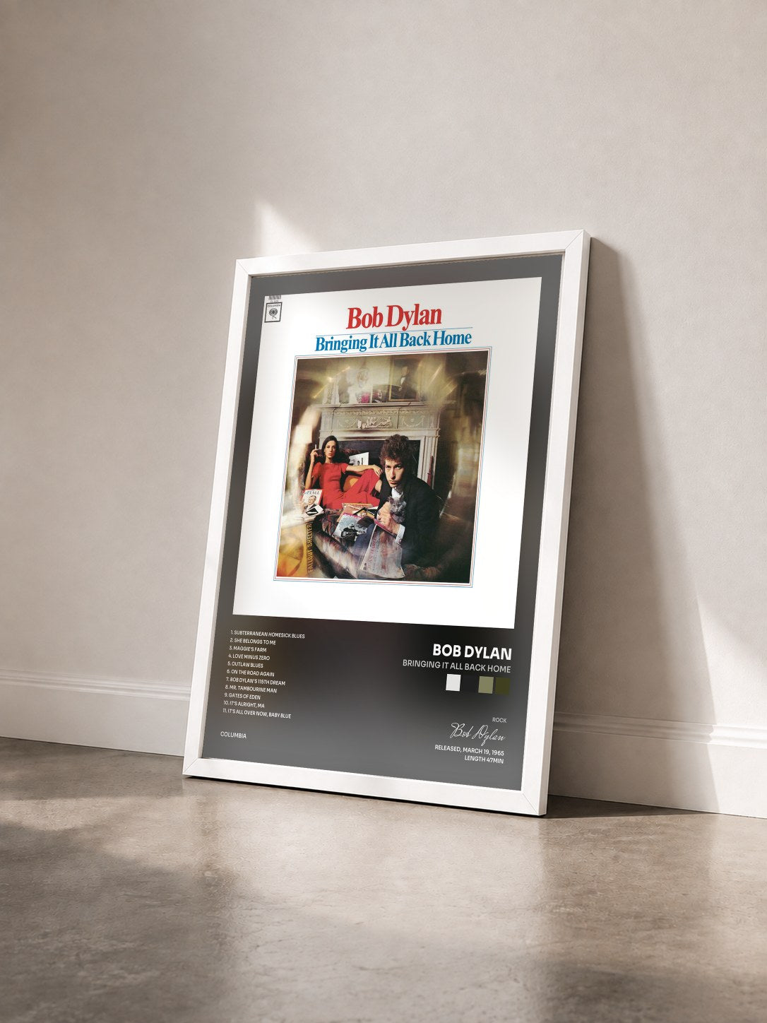#blanc Tableau de l'album Bringing It All Back Home de Bob Dylan vu de trois quarts, cadre blanc
