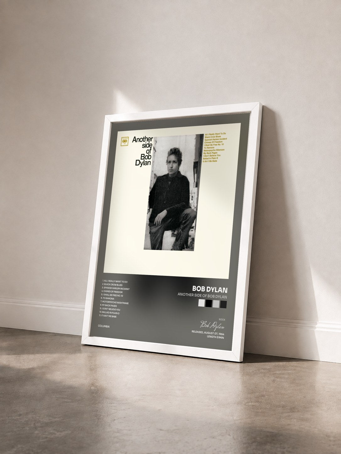 #blanc Tableau de l'album Another Side Of Bob Dylan de Bob Dylan vu de trois quarts, cadre blanc