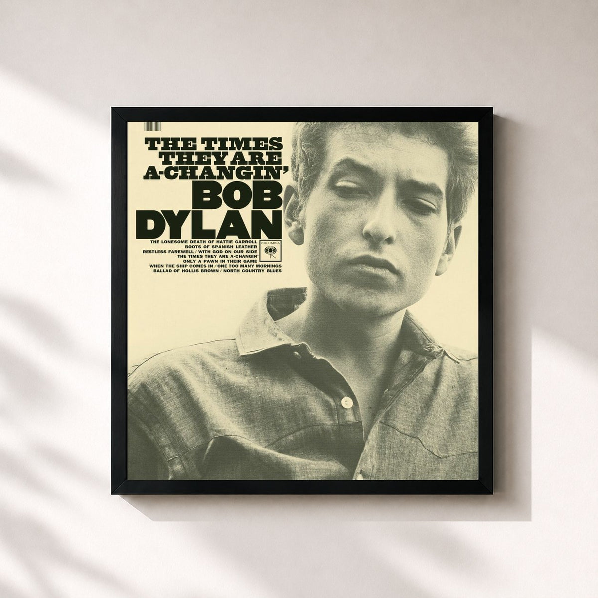#noir Tableau carré de l'album The Times They Are A-Changin' de Bob Dylan, cadre noir 32x32 cm