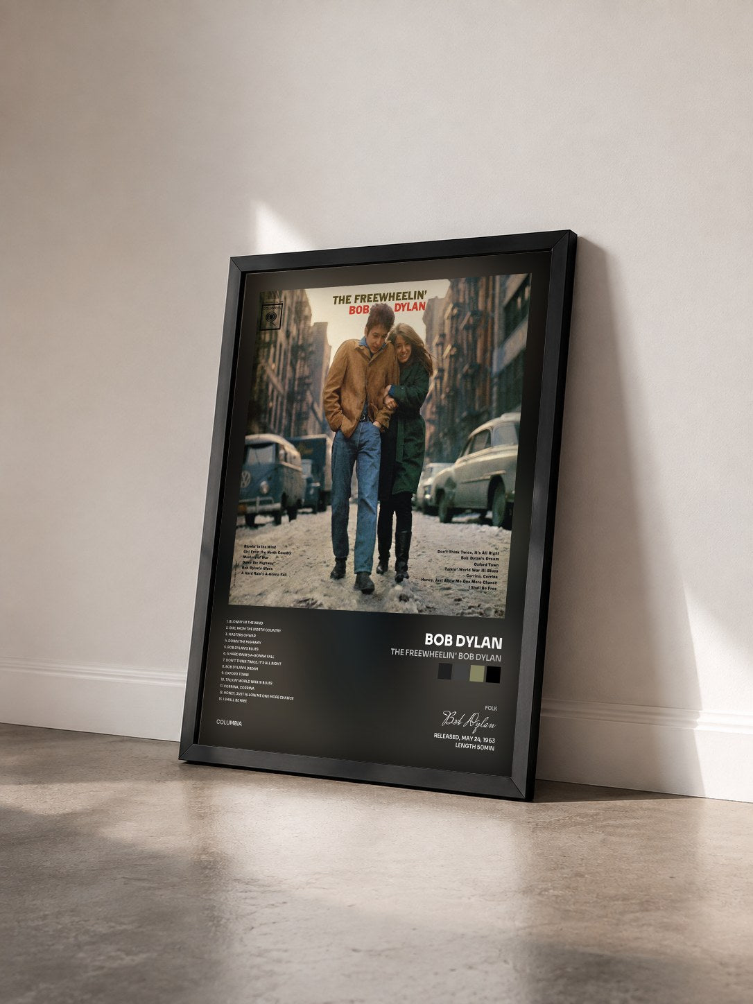 #noir Tableau de l'album The Freewheelin' Bob Dylan de Bob Dylan vu de trois quarts, cadre noir