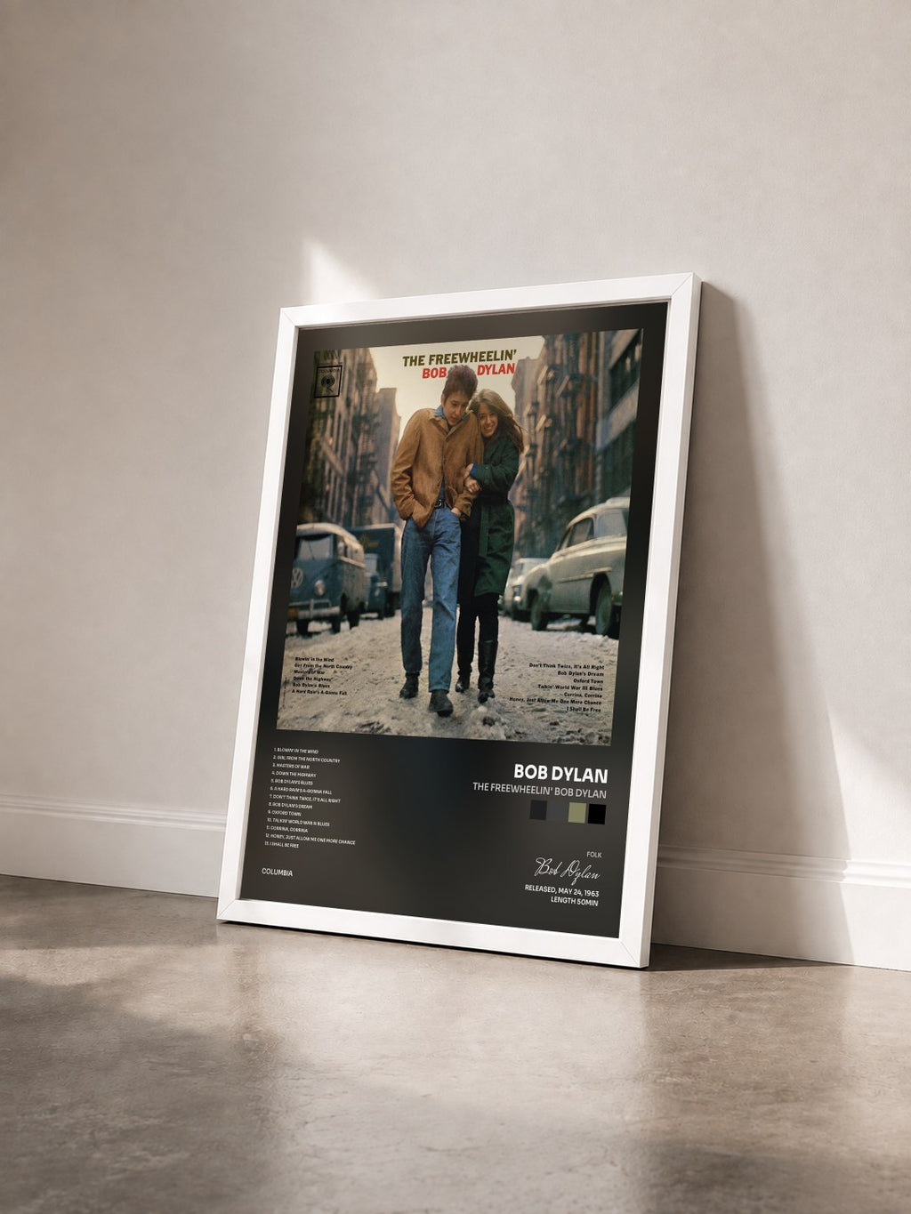 #blanc The Freewheelin' Bob Dylan de Bob Dylan en lámina enmarcada vista de tres cuartos, marco blanco