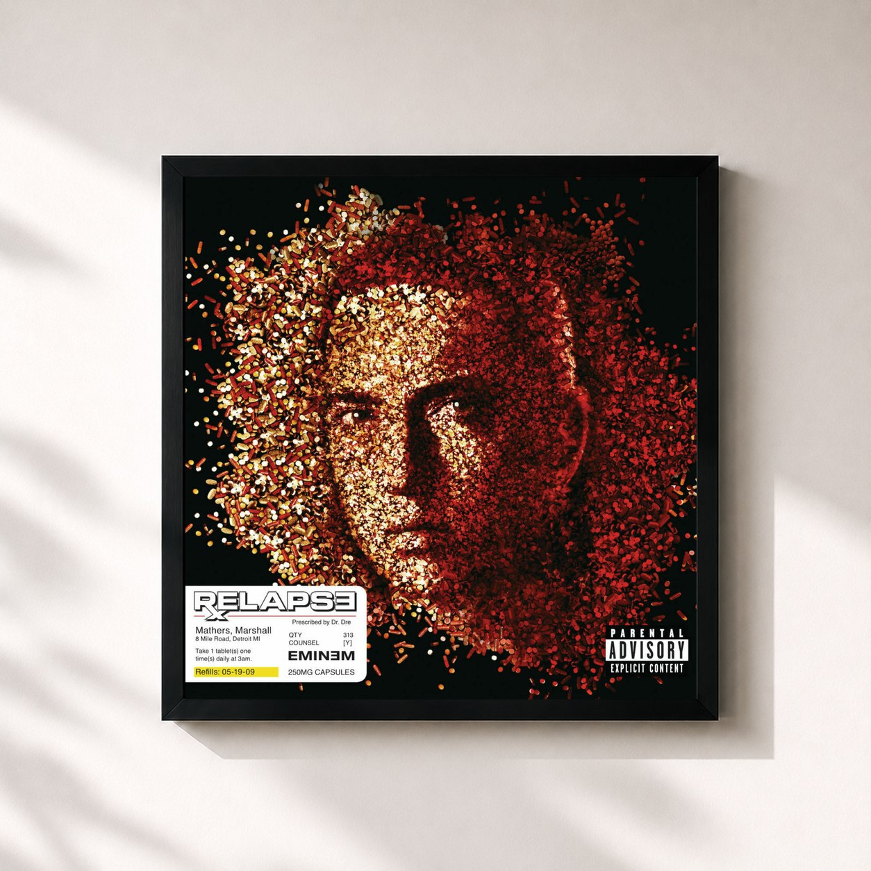 #noir Tableau carré de l'album Relapse de Eminem, cadre noir 32x32 cm