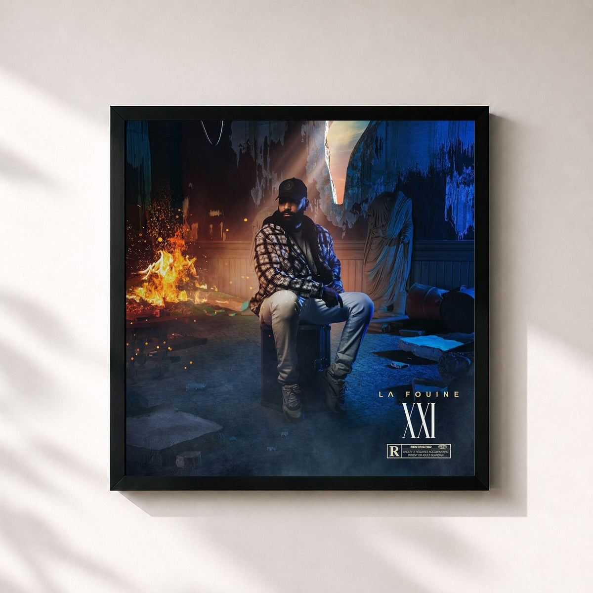 #noir Tableau carré de l'album XXI de La Fouine, cadre noir 32x32 cm