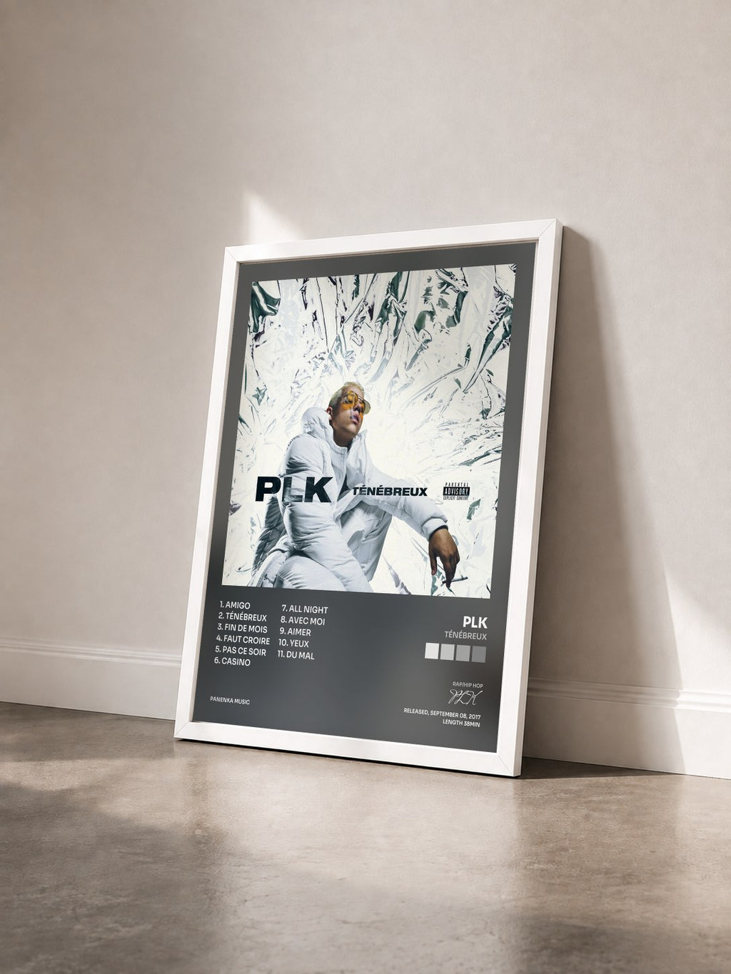 #blanc Tableau de l'album Ténébreux de PLK vu de trois quarts, cadre blanc