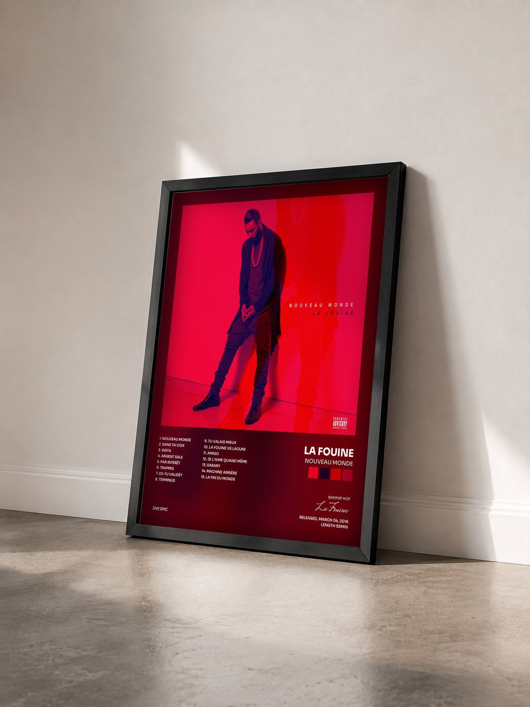 #noir Nouveau monde by La Fouine as a framed art print seen at an angle, black frame