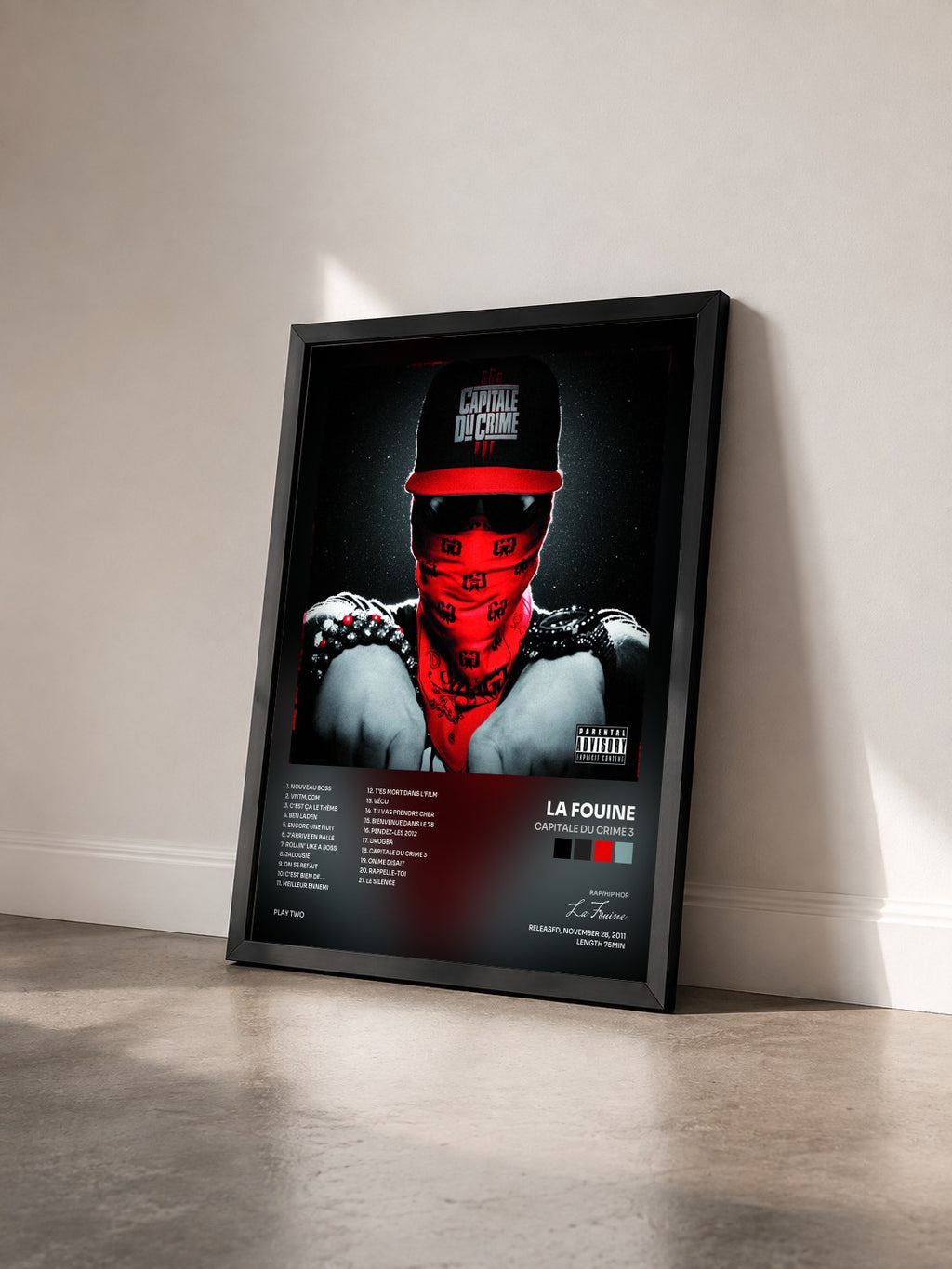 #noir Tableau de l'album Capitale du crime 3 de La Fouine vu de trois quarts, cadre noir