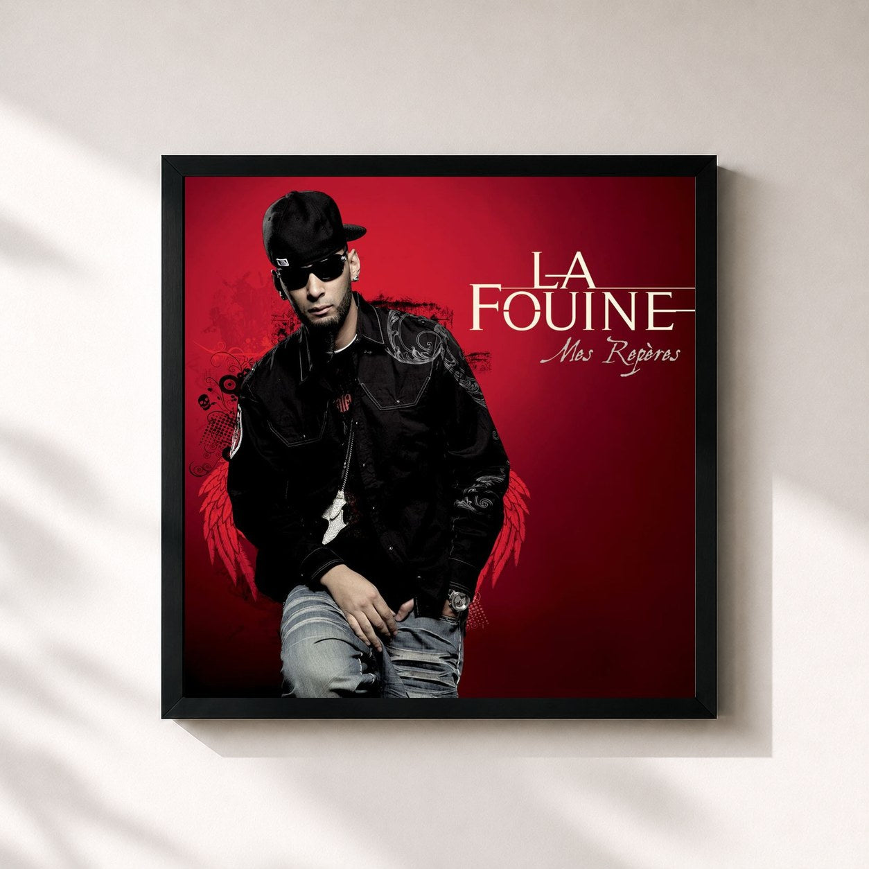 #noir Tableau carré de l'album Mes Repères de La Fouine, cadre noir 32x32 cm