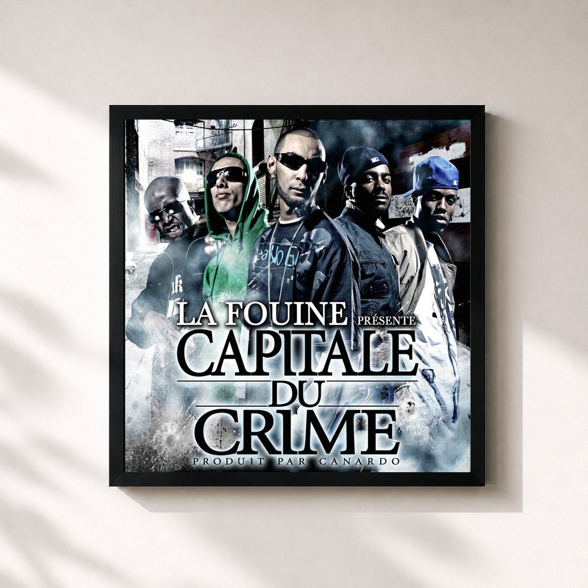 #noir Tableau carré de l'album Capitale Du Crime de La Fouine, cadre noir 32x32 cm