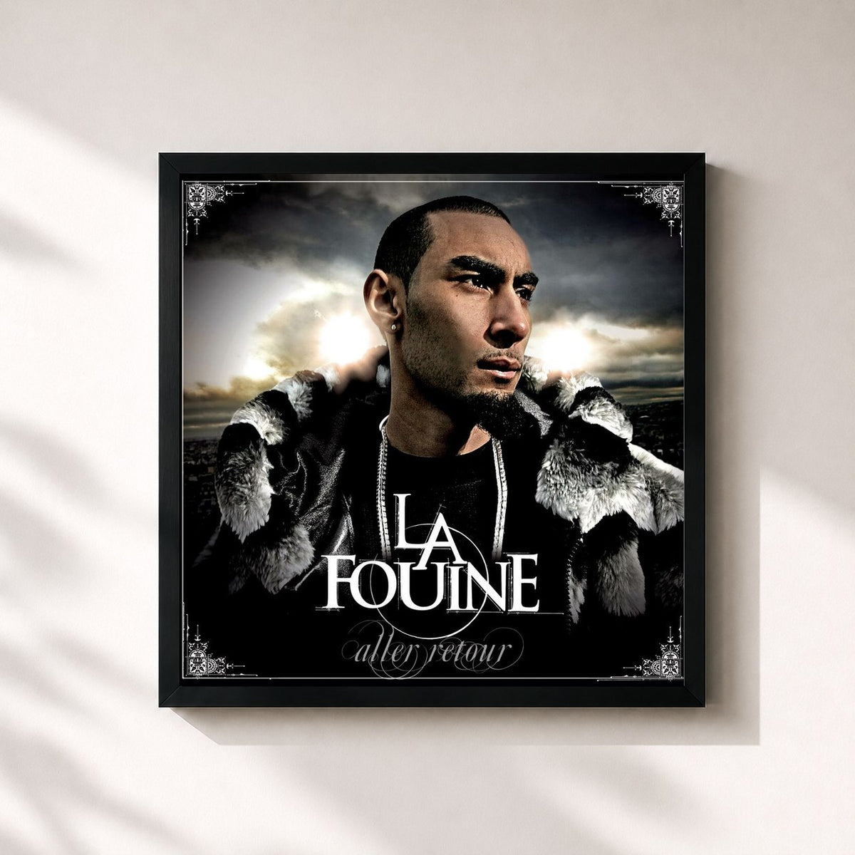 #noir Tableau carré de l'album Aller Retour de La Fouine, cadre noir 32x32 cm