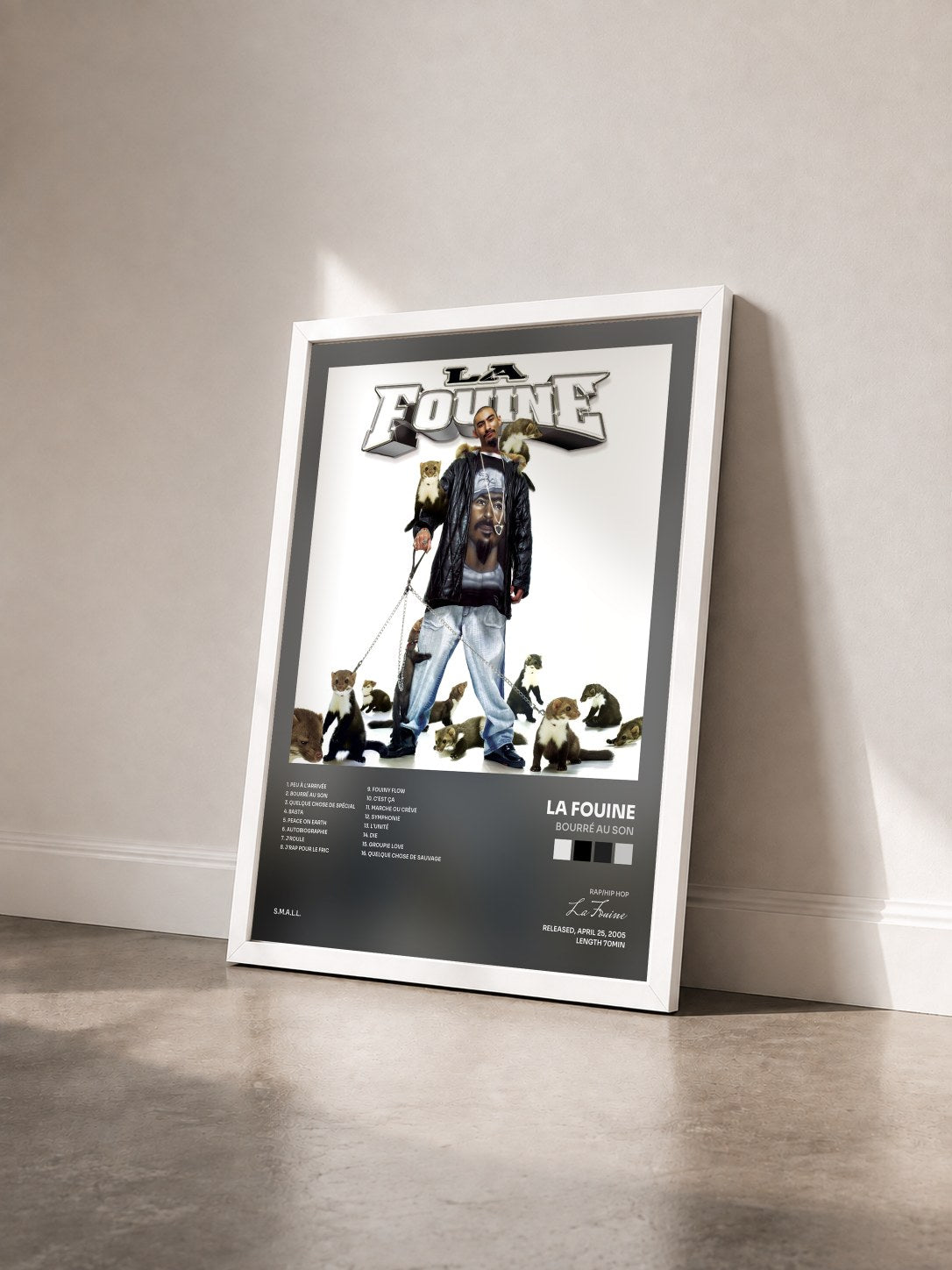 #blanc Tableau de l'album Bourré Au Son de La Fouine vu de trois quarts, cadre blanc
