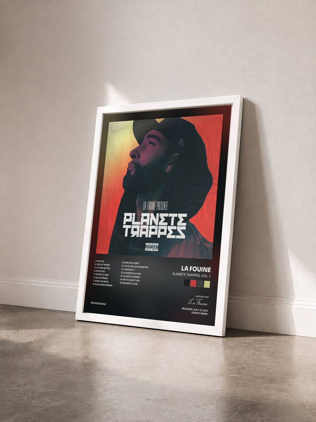 #blanc Tableau de l'album Planète Trappes, Vol. 1 de La Fouine vu de trois quarts, cadre blanc