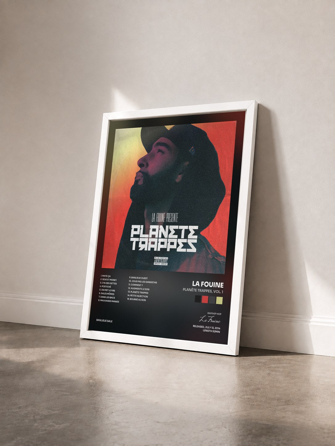 #blanc Tableau de l'album Planète Trappes, Vol. 1 de La Fouine vu de trois quarts, cadre blanc