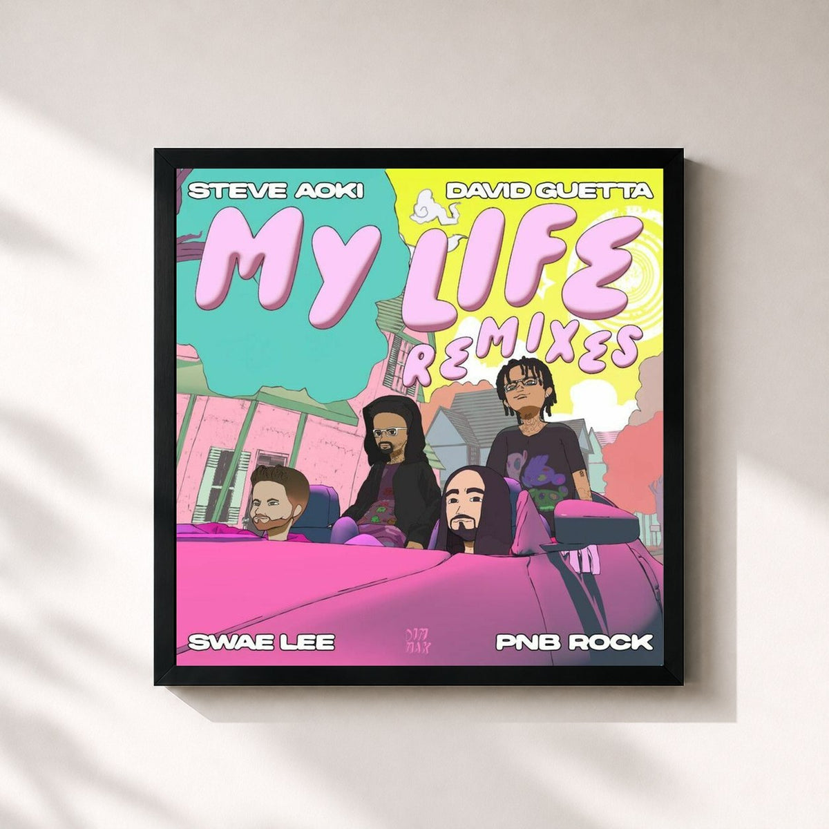 #noir Tableau carré de l'album My Life Remixes de Steve Aoki, cadre noir 32x32 cm