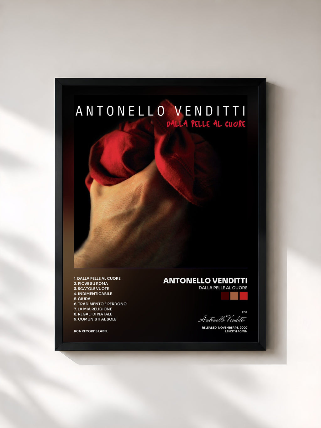 #noir Tableau de l'album Dalla pelle al cuore de Antonello Venditti, cadre noir, imprimé et encadré en France