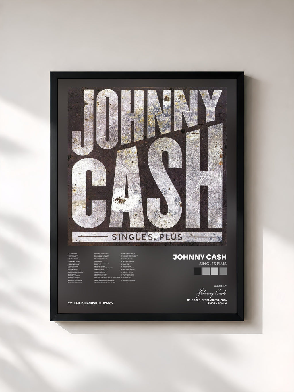 #noir Tableau de l'album Singles Plus de Johnny Cash, cadre noir, imprimé et encadré en France