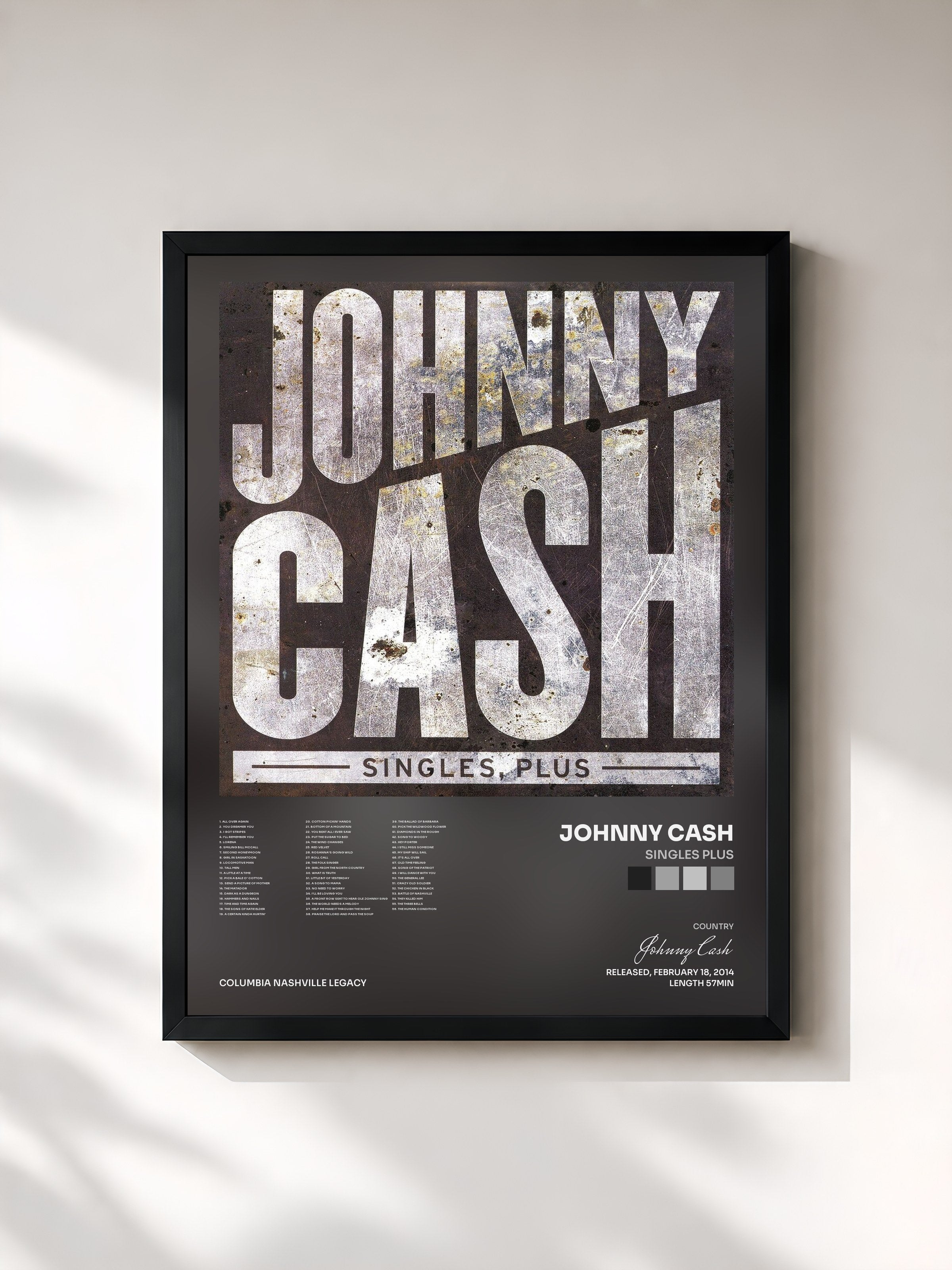 #noir Tableau de l'album Singles Plus de Johnny Cash, cadre noir, imprimé et encadré en France