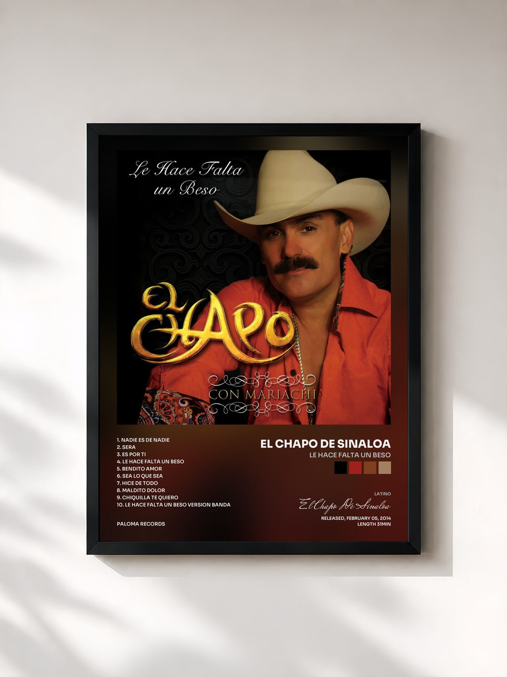 #noir Tableau de l'album Le Hace Falta Un Beso de El Chapo De Sinaloa, cadre noir, imprimé et encadré en France