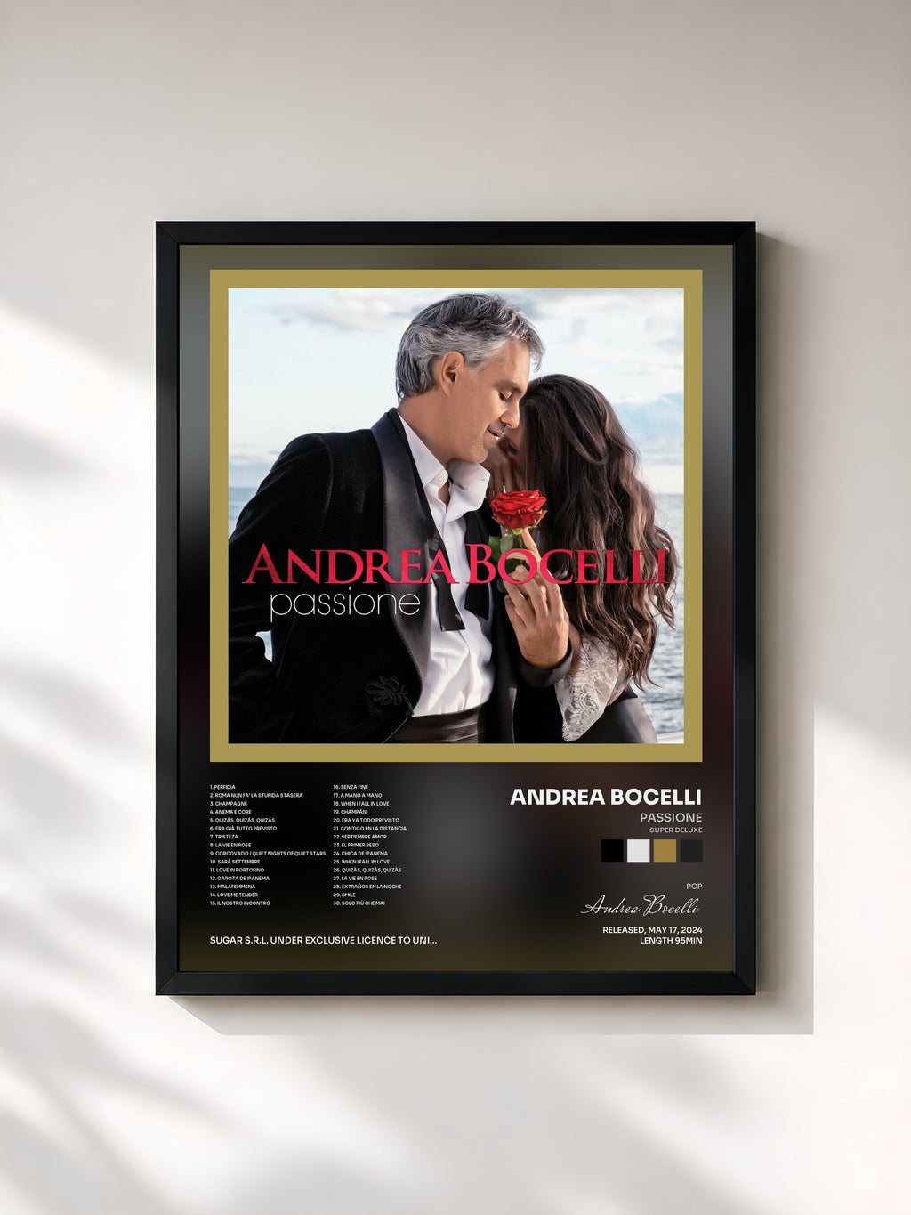 #noir Tableau de l'album Passione (Super Deluxe) de Andrea Bocelli, cadre noir, imprimé et encadré en France