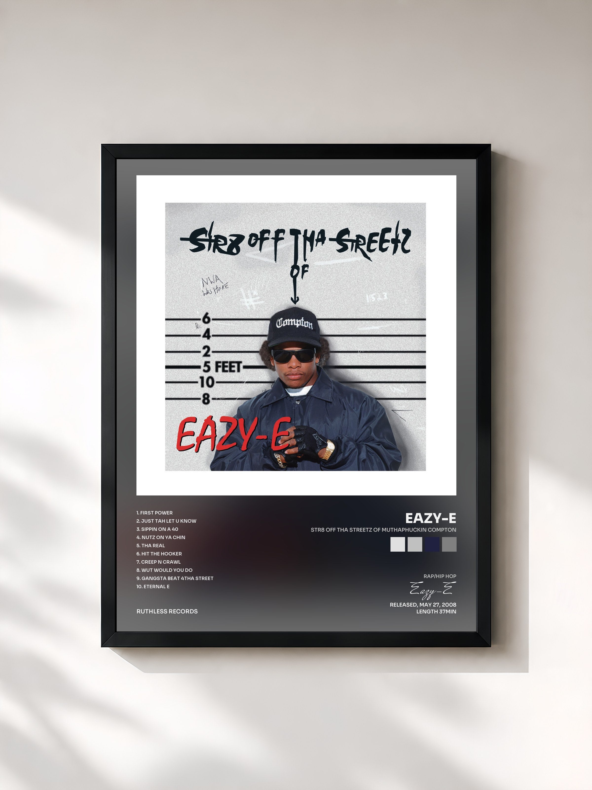 #noir Tableau de l'album Str8 off Tha Streetz of Muthaphuckin Compton de Eazy-E, cadre noir, imprimé et encadré en France
