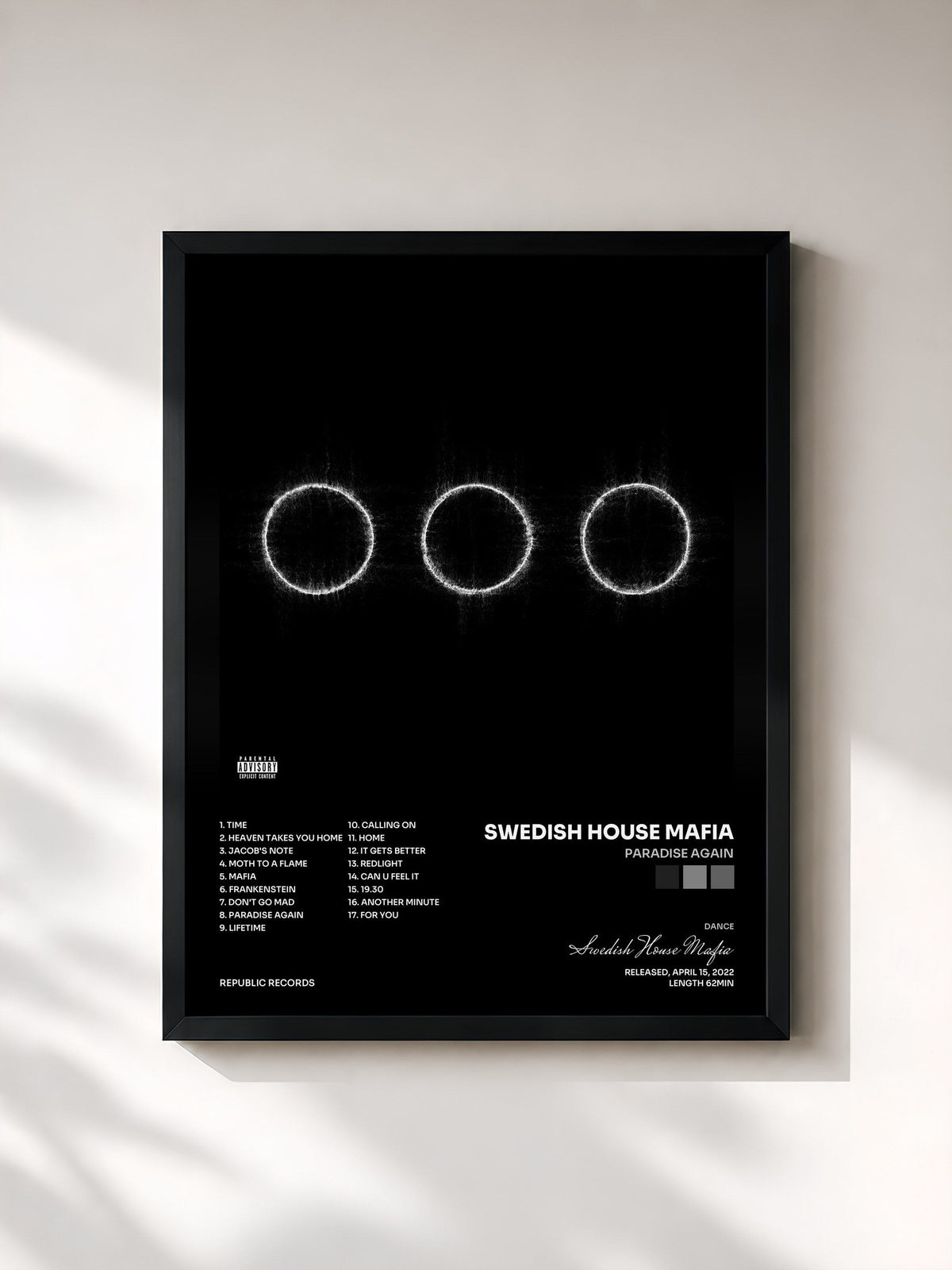 #noir Tableau de l'album Paradise Again de Swedish House Mafia, cadre noir, imprimé et encadré en France
