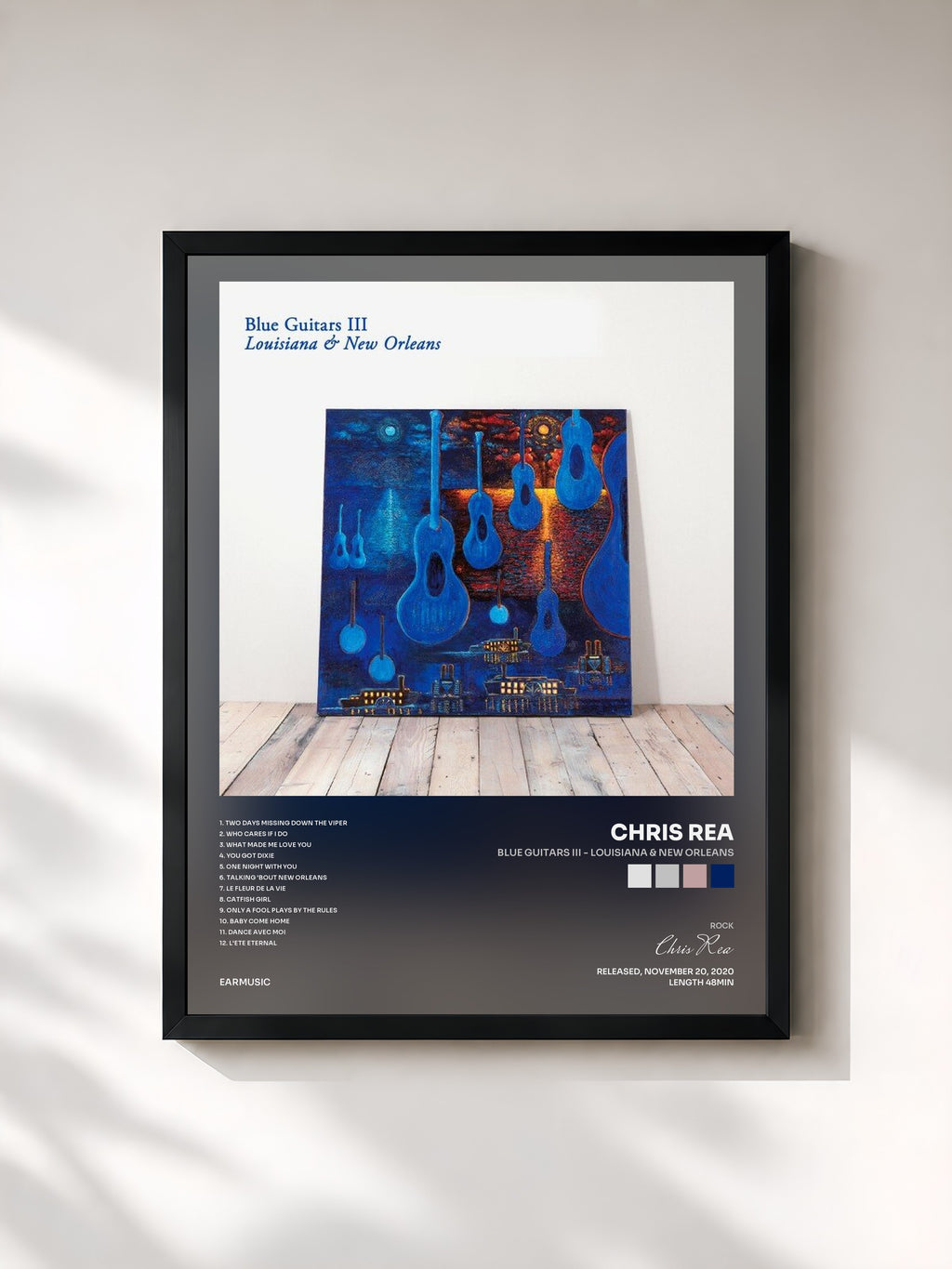#noir Tableau de l'album Blue Guitars III - Louisiana & New Orleans de Chris Rea, cadre noir, imprimé et encadré en France