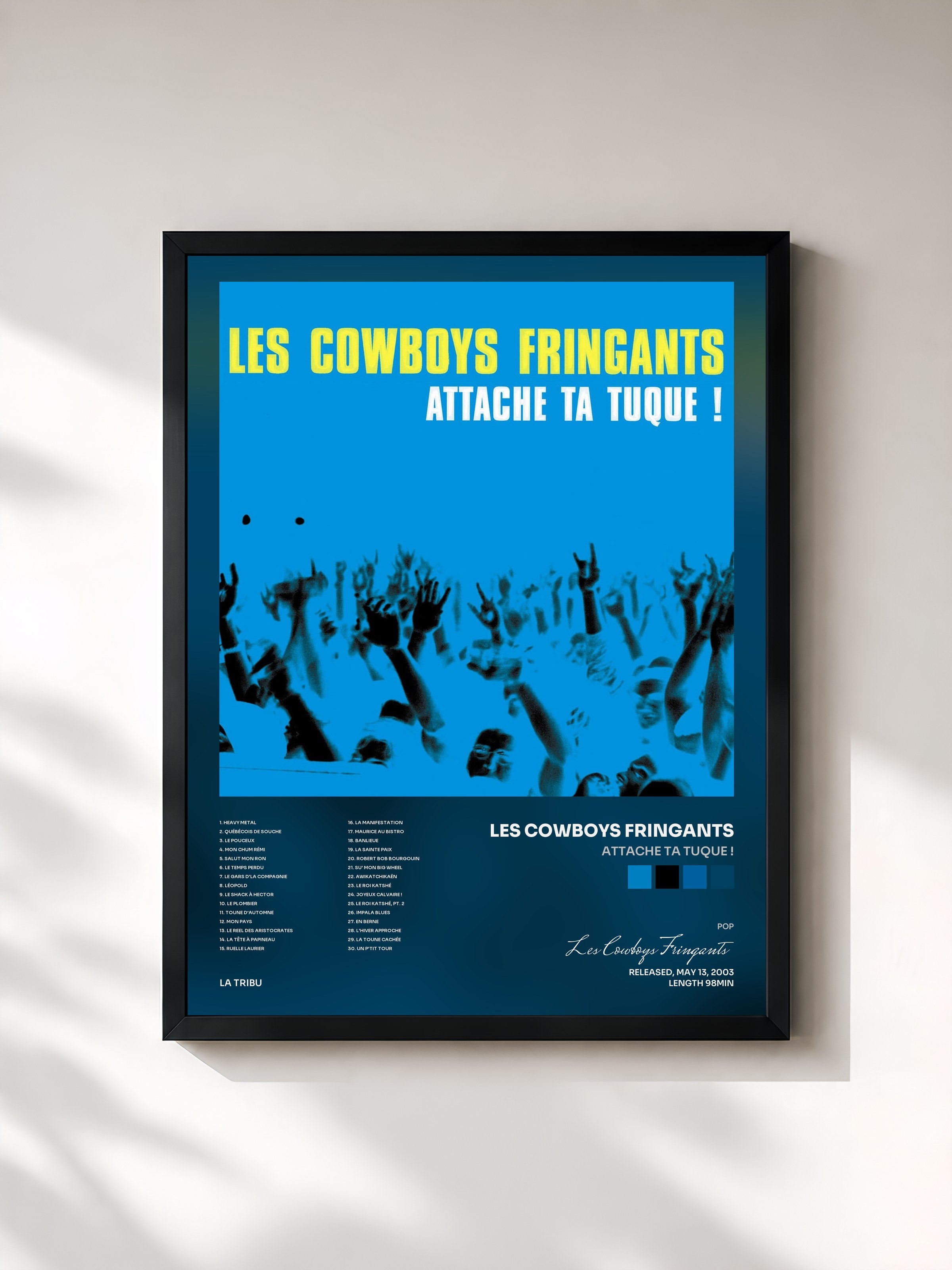 #noir Tableau de l'album Attache ta tuque ! de Les Cowboys Fringants, cadre noir, imprimé et encadré en France