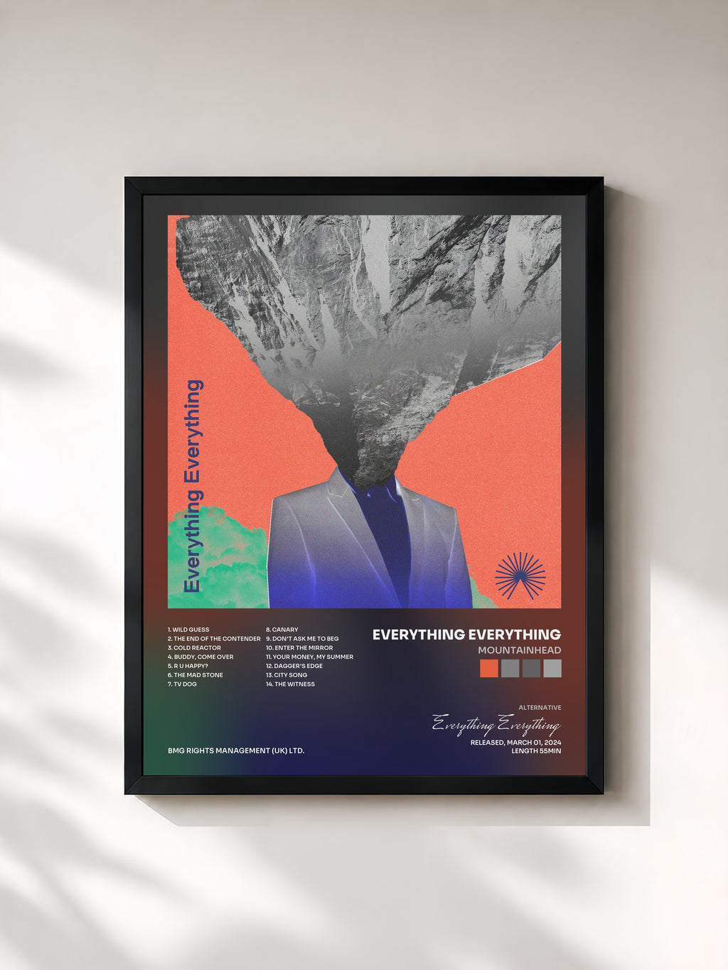 #noir Tableau de l'album Mountainhead de Everything Everything, cadre noir, imprimé et encadré en France