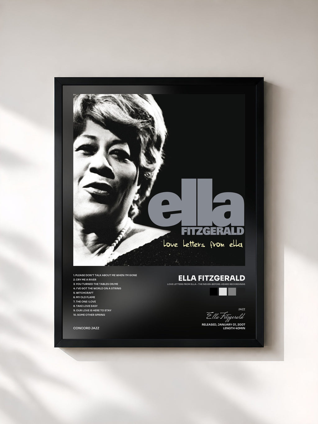 #noir Tableau de l'album Love Letters From Ella - The Never-Before-Heard Recordings de Ella Fitzgerald, cadre noir, imprimé et encadré en France