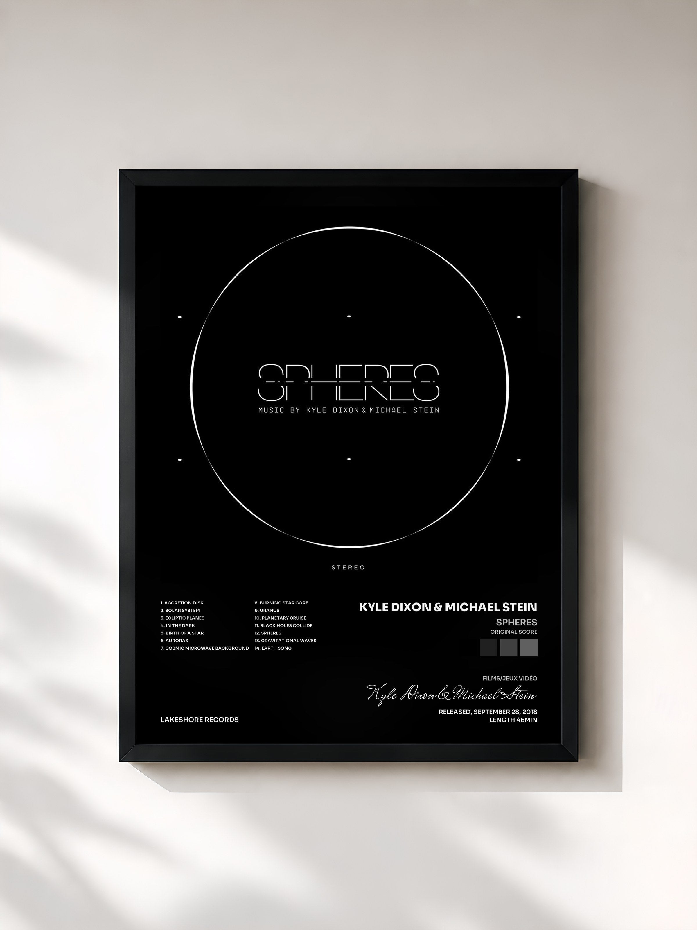 #noir Tableau de l'album Spheres (Original Score) de Kyle Dixon & Michael Stein, cadre noir, imprimé et encadré en France