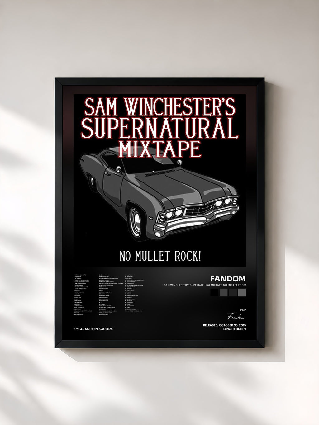 #noir Tableau de l'album Sam Winchester's Supernatural Mixtape: No Mullet Rock! de Fandom, cadre noir, imprimé et encadré en France