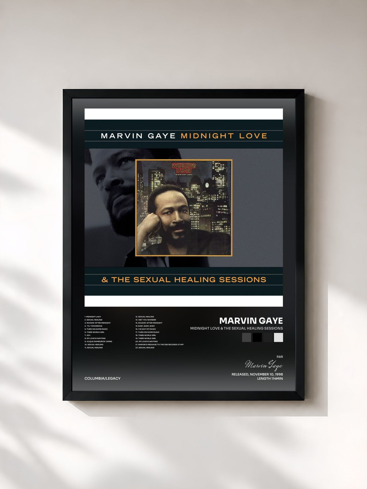 #noir Tableau de l'album Midnight Love & The Sexual Healing Sessions de Marvin Gaye, cadre noir, imprimé et encadré en France