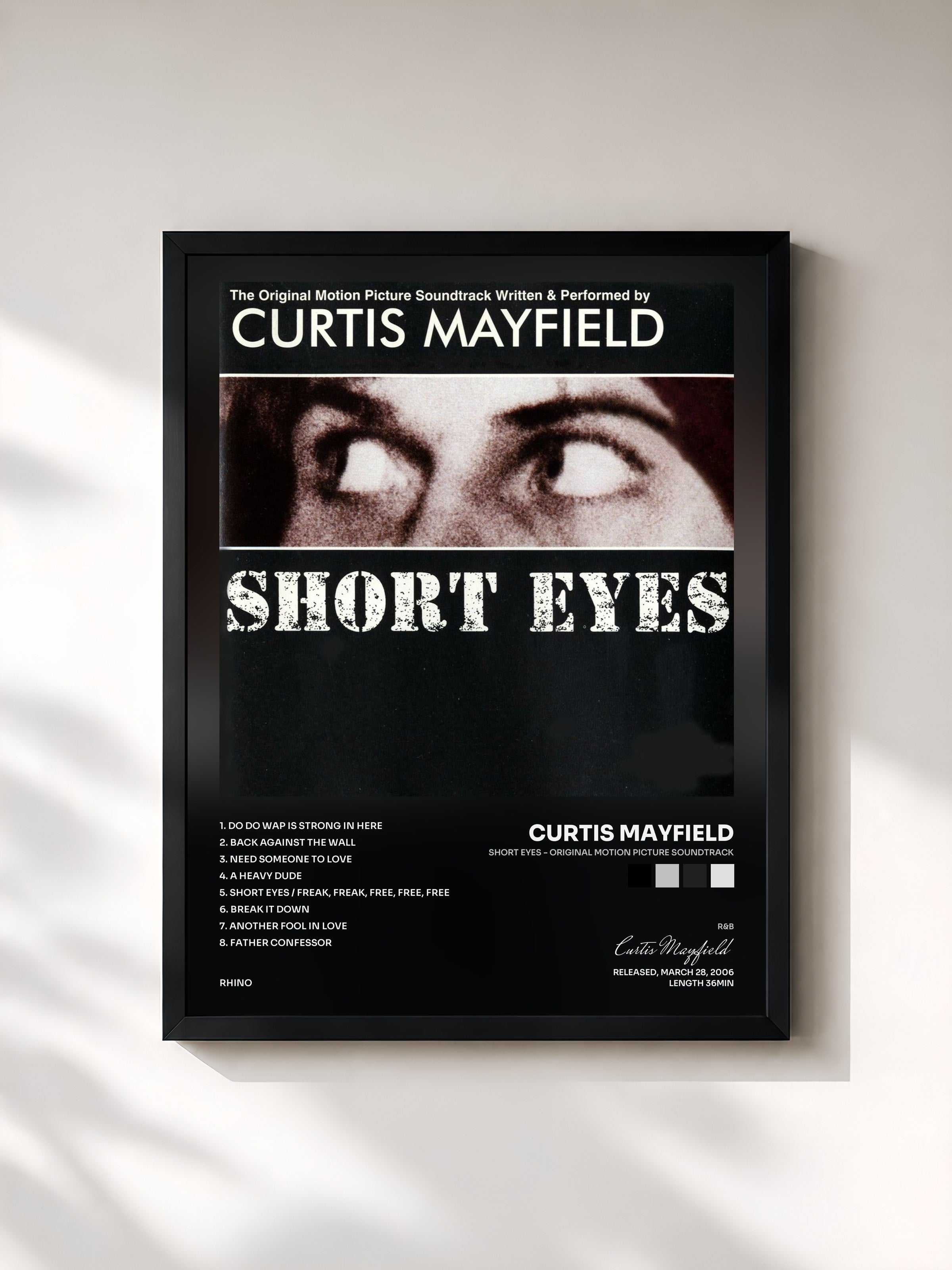 #noir Tableau de l'album Short Eyes - Original Motion Picture Soundtrack de Curtis Mayfield, cadre noir, imprimé et encadré en France