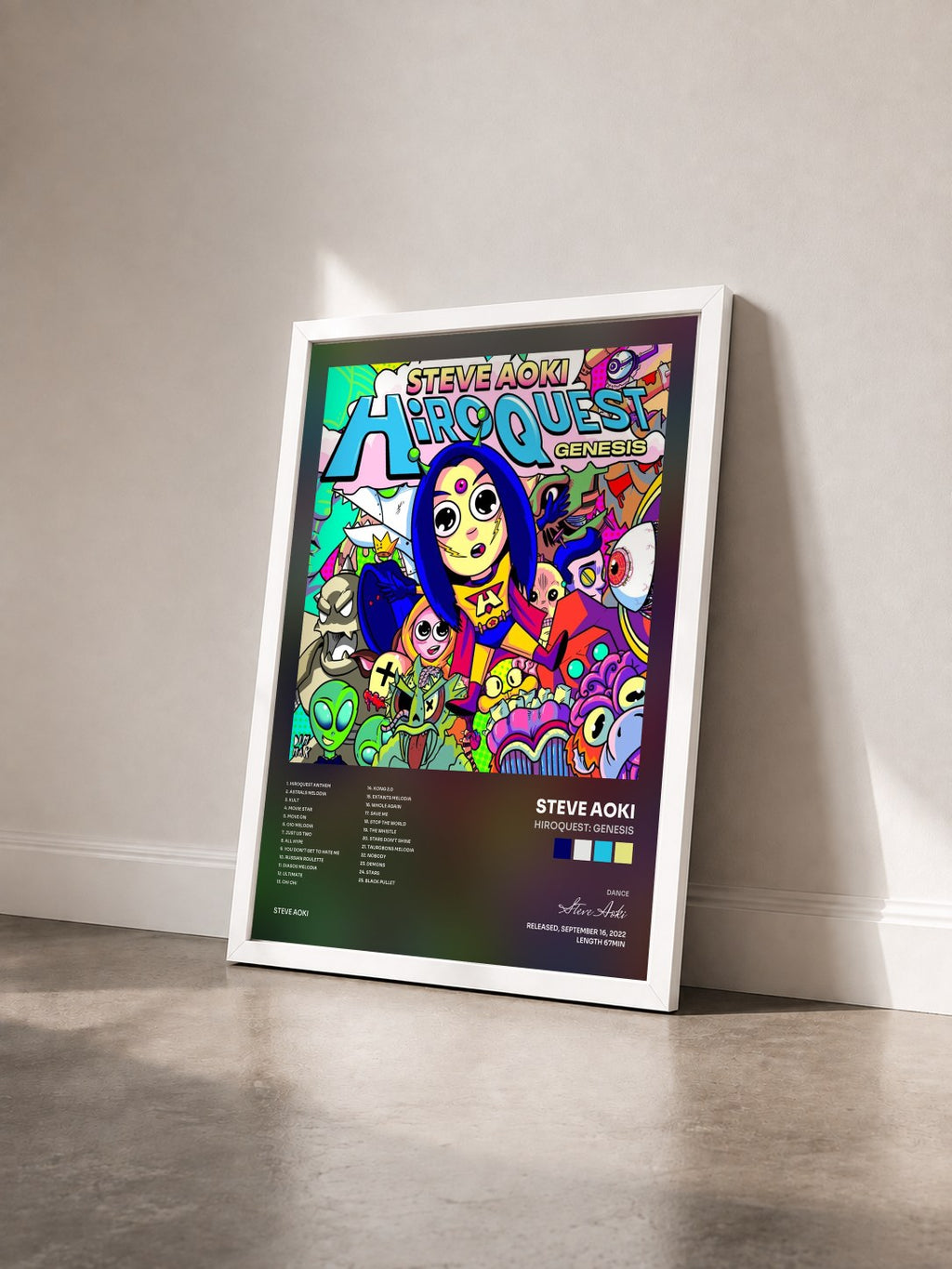 #blanc Tableau de l'album HiROQUEST: Genesis de Steve Aoki vu de trois quarts, cadre blanc