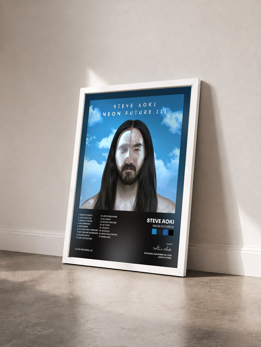 #blanc Tableau de l'album Neon Future III de Steve Aoki vu de trois quarts, cadre blanc