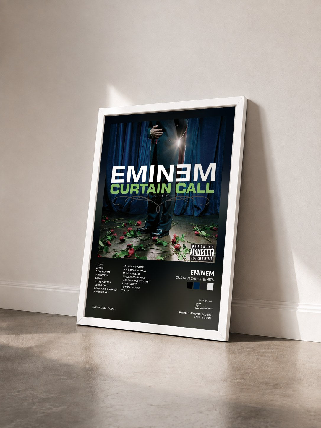 #blanc Curtain Call: The Hits di Eminem in stampa incorniciata vista di tre quarti, cornice bianca