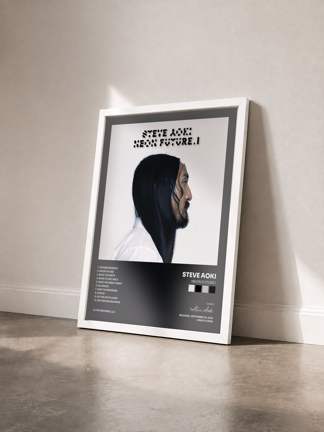 #blanc Tableau de l'album Neon Future I de Steve Aoki vu de trois quarts, cadre blanc
