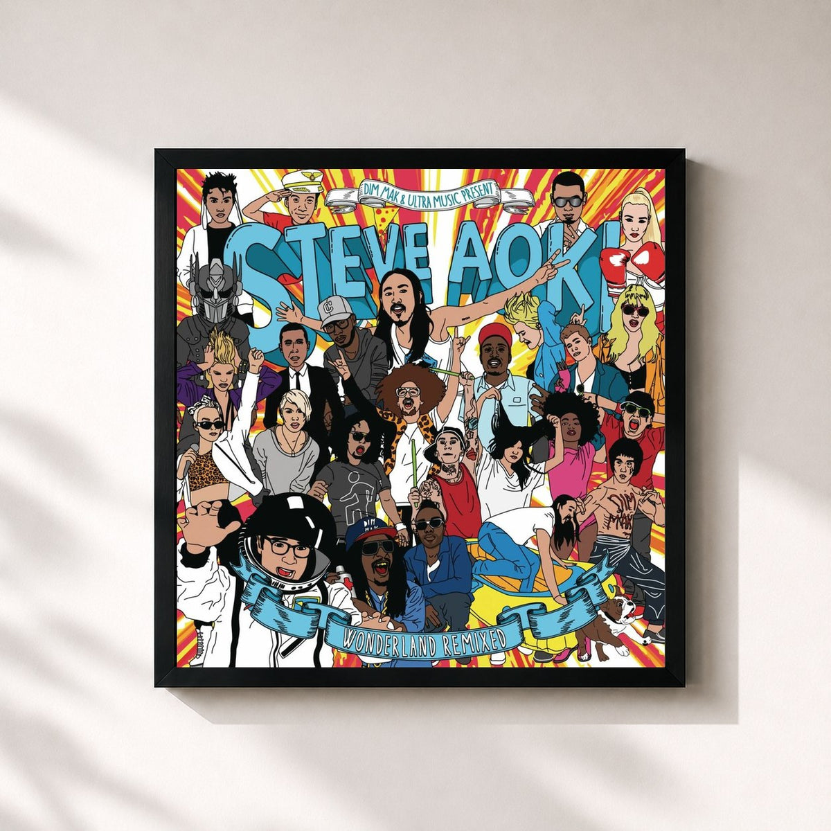 #noir Tableau carré de l'album Wonderland (Remixed) de Steve Aoki, cadre noir 32x32 cm