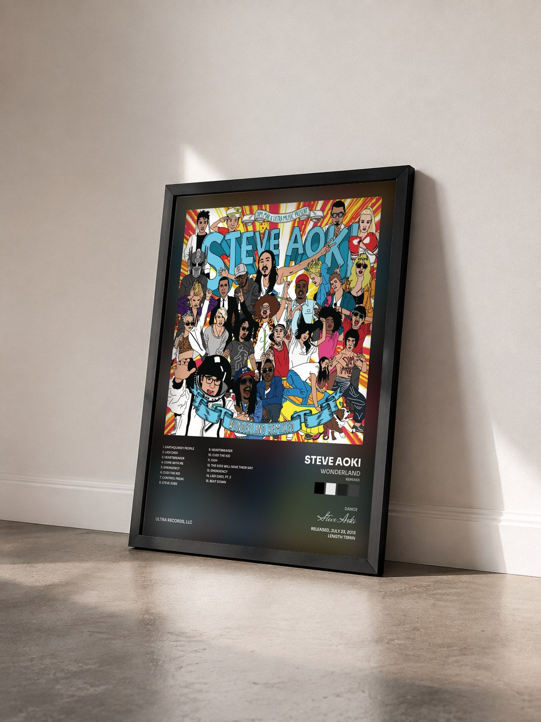 #noir Tableau de l'album Wonderland (Remixed) de Steve Aoki vu de trois quarts, cadre noir