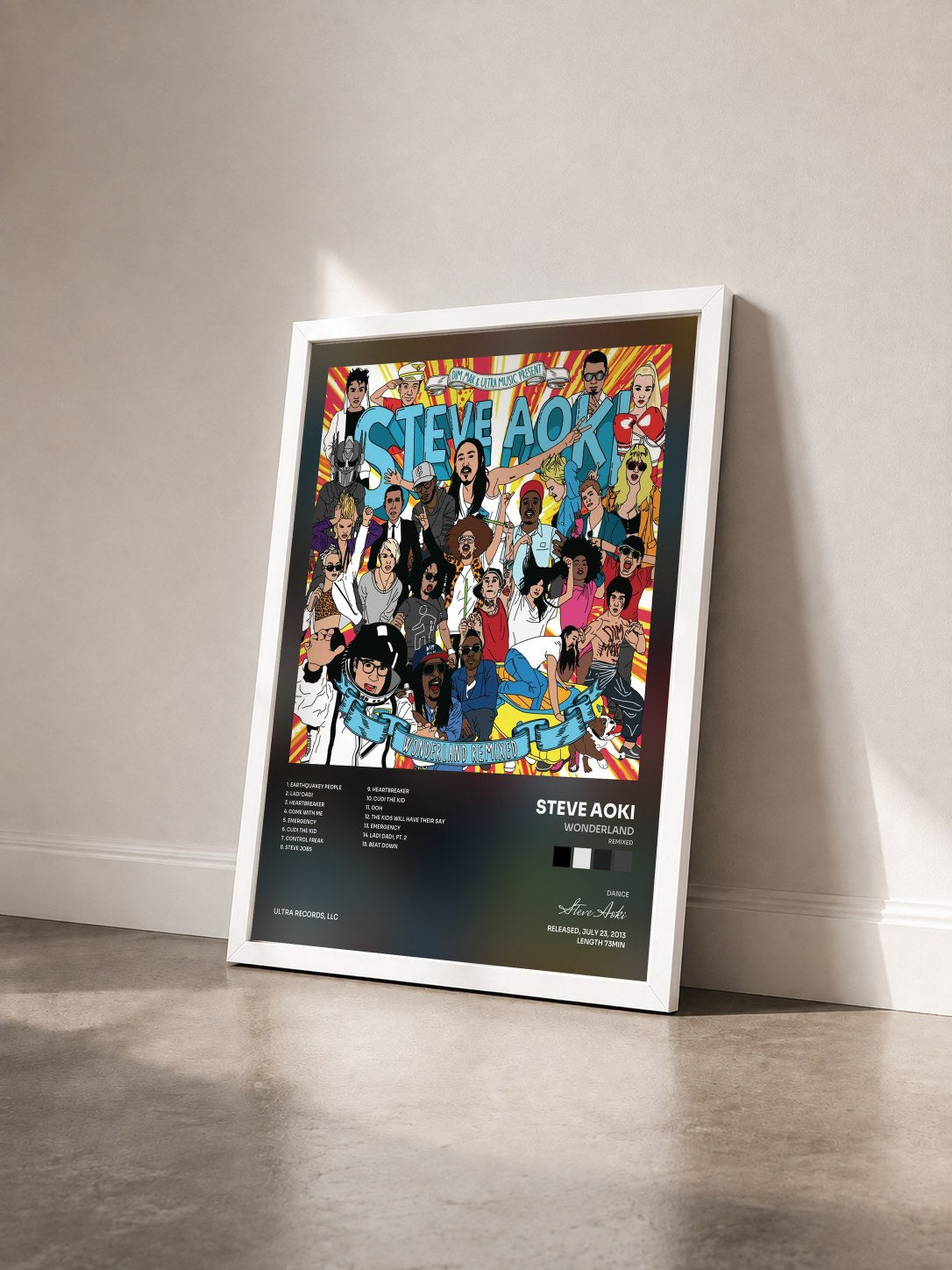 #blanc Tableau de l'album Wonderland (Remixed) de Steve Aoki vu de trois quarts, cadre blanc