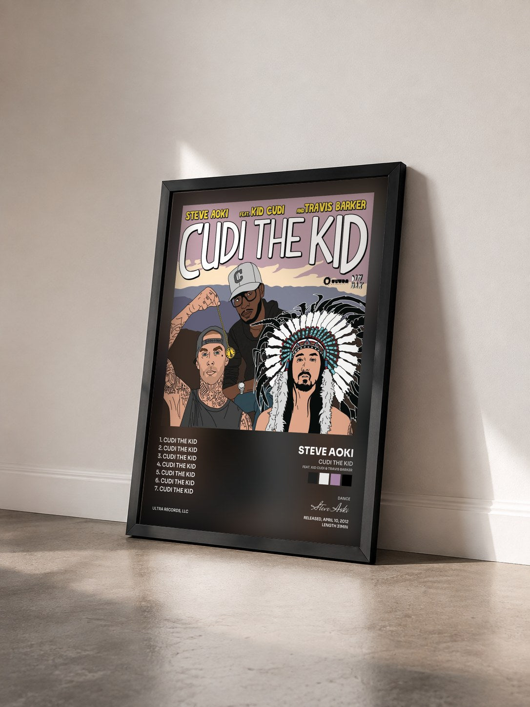 #noir Tableau de l'album Cudi The Kid (feat. Kid Cudi & Travis Barker) de Steve Aoki vu de trois quarts, cadre noir