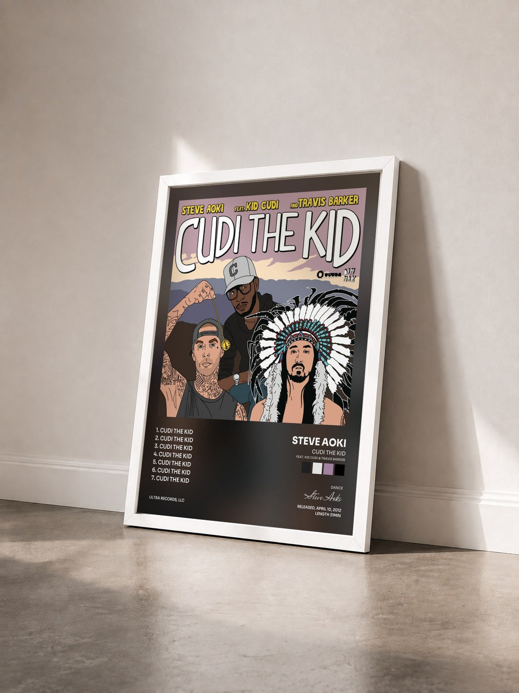 #blanc Cudi The Kid (feat. Kid Cudi & Travis Barker) by Steve Aoki as a framed art print seen at an angle, white frame