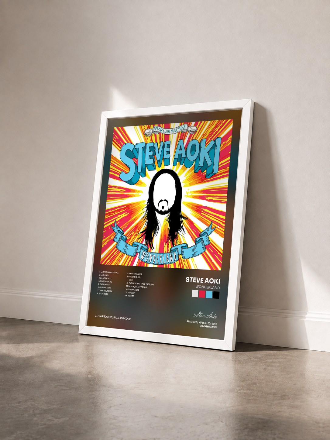 #blanc Tableau de l'album Wonderland de Steve Aoki vu de trois quarts, cadre blanc