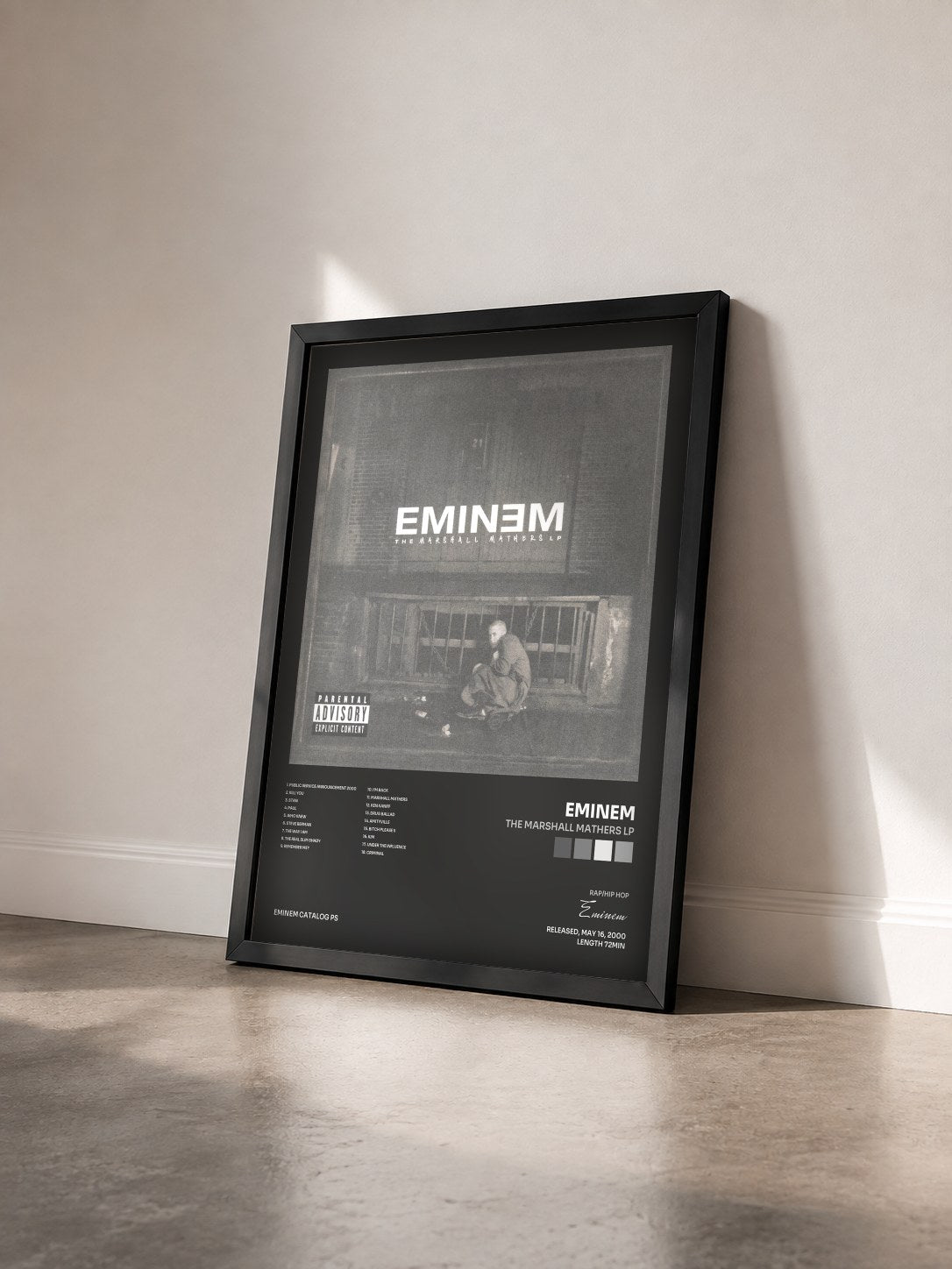 #noir Tableau de l'album The Marshall Mathers LP de Eminem vu de trois quarts, cadre noir