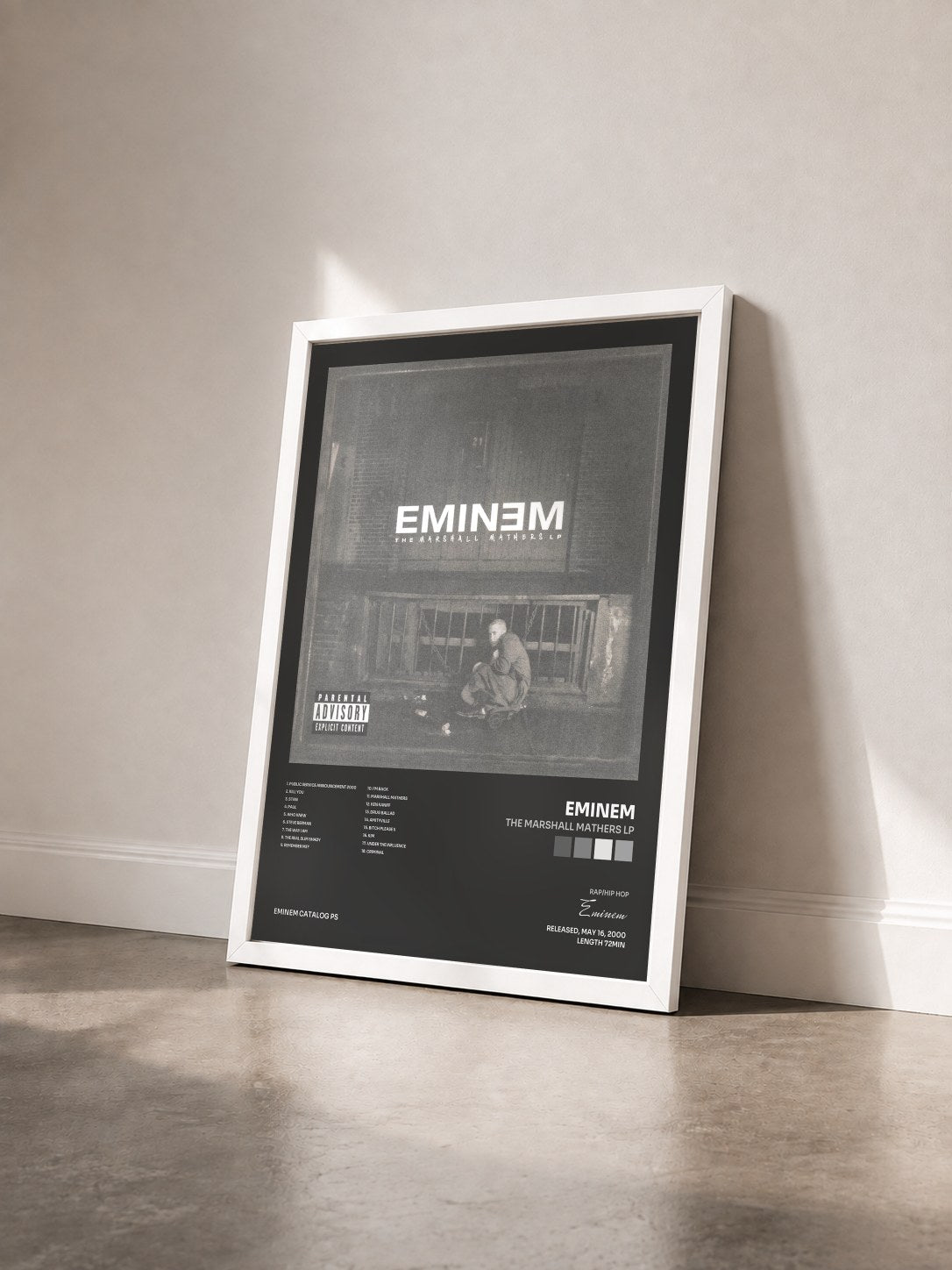 #blanc Tableau de l'album The Marshall Mathers LP de Eminem vu de trois quarts, cadre blanc