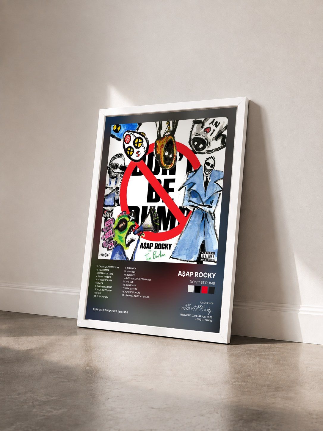 #blanc Tableau de l'album Don't Be Dumb de A$AP Rocky vu de trois quarts, cadre blanc